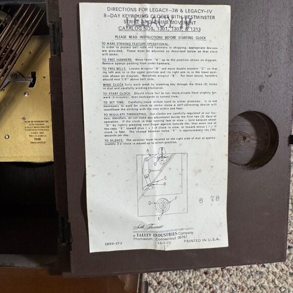 Vintage 1978 Jerome C. Ore Seth Thomas  Clock  Brass Movement & Roman Numerals - Picture 10 of 10